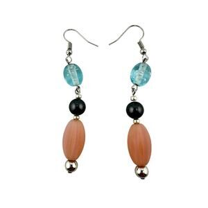 Handmade Upcycled Vintage Beads Blue Pink Gray Dangle Drop 3" Earrings